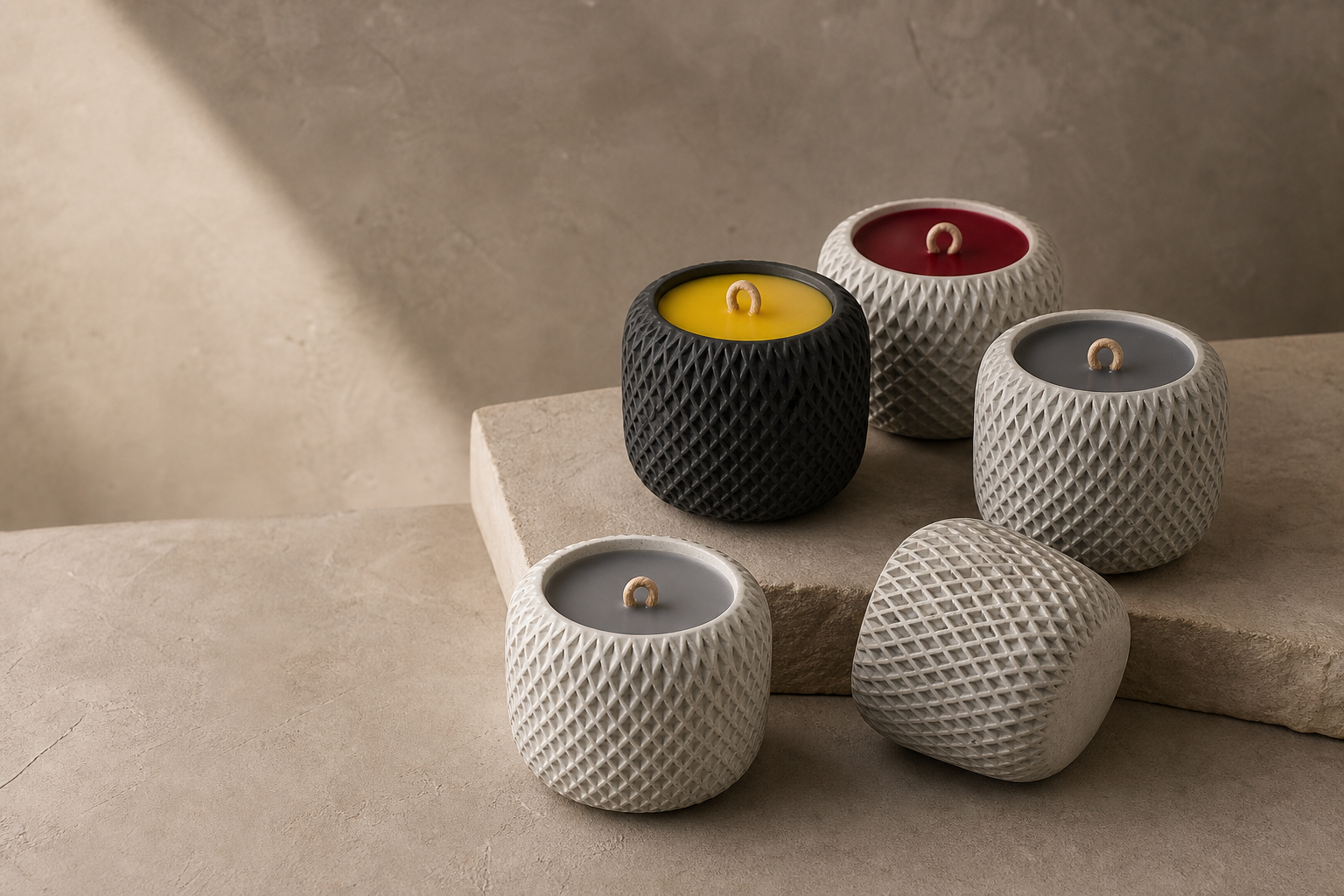 Diamond-textured concrete candle collection in white, charcoal, red, and yellow